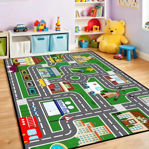 Miniatura 10 de Alfombra de juego para niños (2.6 x 5 pies), 2 unidades, alfombra de carretera para niños, alfombra de mapa de ruta de la ciudad, alfombra