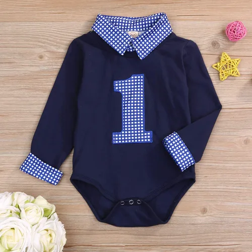 Miniatura 3 de Mameluco de manga larga para bebé niño, para primer cumpleaños, a cuadros, cuello alto