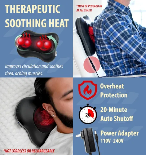 Miniatura 4 de Zyllion Masajeador Shiatsu de espalda y cuello con calor - Almohada de masaje eléctrico de amasado de tejido profundo 3D para alivio del dolor Negro