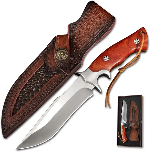 Cuchillo de caza QIXENIO M390 de acero hecho a mano, hoja fija de tang completo con funda de cuero, mango antideslizante de madera roja - Cuchillos