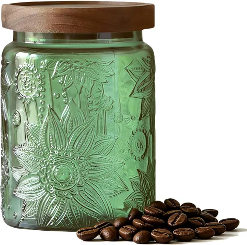ANSQU Tarro de almacenamiento de vidrio vintage de 23.7 onzas con tapa de madera maciza, recipiente hermético en relieve de girasol para café, té,