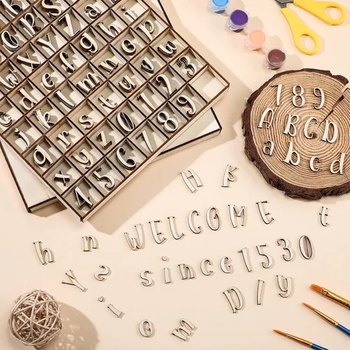 Miniatura 5 de Geelin 248 letras del alfabeto de madera de 1 pulgada con caja de almacenamiento, letras de madera en blanco sin terminar con bandeja