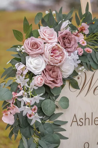 Miniatura 5 de ponatia Pequeños Ramos de Flores de Arco de Boda (Paquete de 2), Flores Artificiales Rosa Polvo para Señales de Bienvenida de Boda, Decoraciones