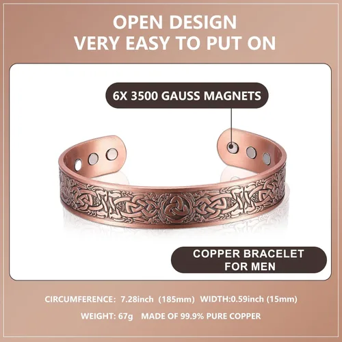 Miniatura 5 de Pulsera magnética de cobre para hombre, 99.9% de cobre puro, con 6 imanes de 3500 Gauss, pulsera magnética de cobre para hombres, pulseras de cobre