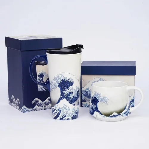 Miniatura 12 de DUSVALLY - Taza de viaje de cerámica de 17 onzas con tapa y asa, taza de café de gran ola, taza de té de arte japonés, apta para microondas
