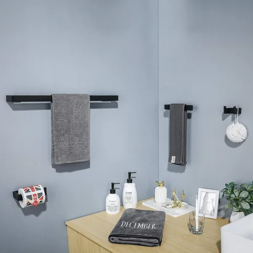 Miniatura 6 de Juego de 4 piezas de accesorios de hardware para baño, color negro, incluye toallero, soporte para toallas, gancho para bata, soporte para papel