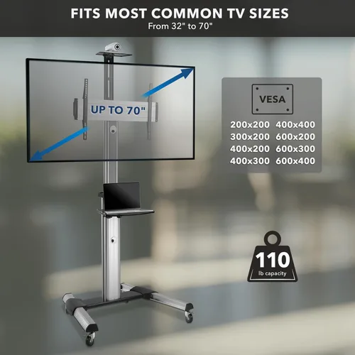 Miniatura 5 de Mount-It! Soporte de TV móvil para televisores de pantalla plana, carrito de TV con ruedas ajustable en altura para pantallas de 32, 40, 50, 55, 60