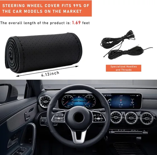 Miniatura 2 de Dickno Funda para volante de automóvil, protector de volante antideslizante con costura envolvente para diámetro máximo de 15 pulgadas, costura DIY