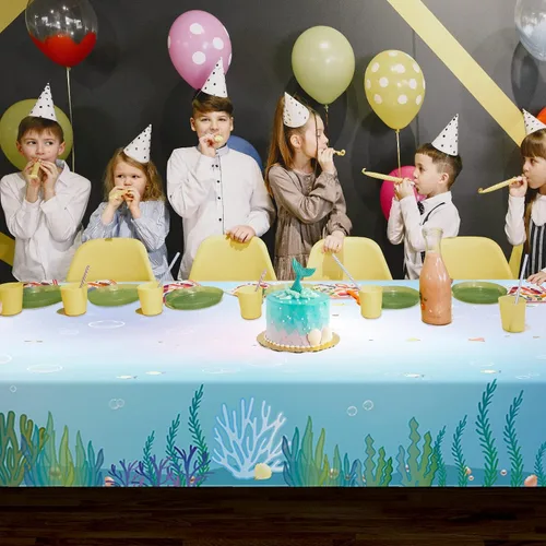 Miniatura 4 de Mantel de tela bajo el mar de 9 x 5 pies, funda de mesa de sirena para decoración de fiesta de cumpleaños bajo el mar, decoración de fiesta