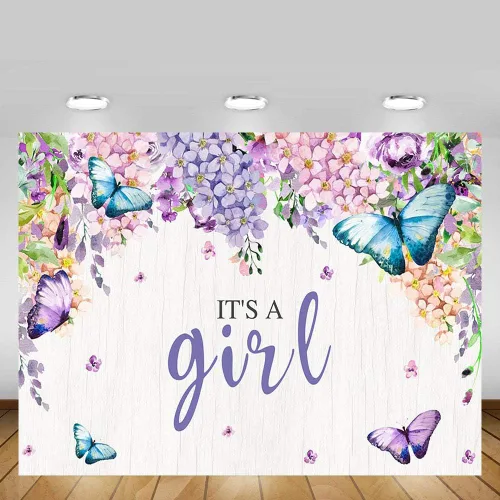 Miniatura 2 de MEHOFOTO - Cartel de fondo de cabina de estudio fotográfico con texto en inglés "It's A Girl" con diseño de mariposa para baby shower, baby shower