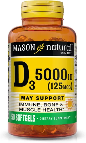 MASON NATURAL Vitamina D3 125 mcg (5000 UI) - Apoya la salud general, fortalece los huesos y los músculos, del aceite de hígado de pescado, 50