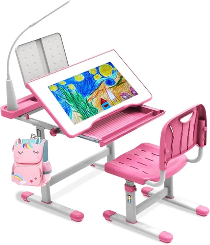 Miniatura 9 de BELANITAS Juego de escritorio y silla para niños, escritorio escolar de altura ajustable para niños, inclinable de 40 grados con 3 modos de luz
