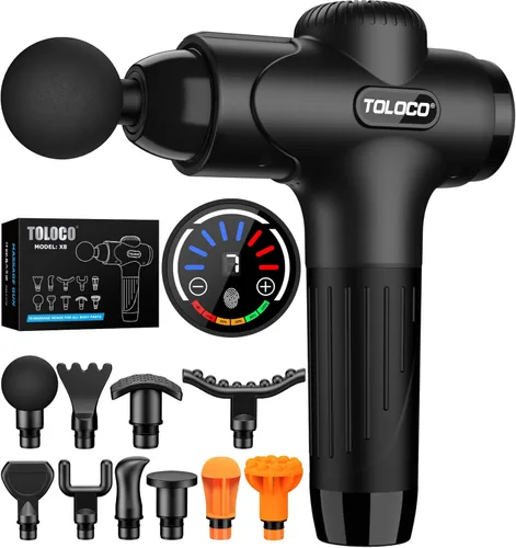 TOLOCO Pistola de masaje de tejido profundo, pistola de masaje de percusión con 10 cabezales de repuesto, masajeador eléctrico portátil super Negro