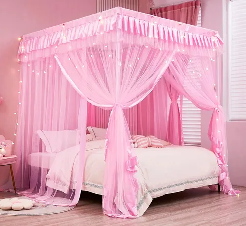 Miniatura 28 de Mengersi Cortina para Dosel de Cama Princesa, con 4 Esquinas, Dosel con Mosquitero para Cama de Princesa (Blanco, Doble)