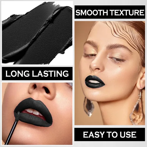 Miniatura 3 de Juego de delineadores de labios negro mate, lápiz labial líquido negro, tinte de labios de alta pigmentación negro y brillo de labios