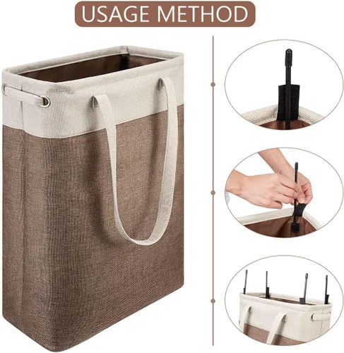 Miniatura 3 de Cesta de ropa sucia con asas beige y marrón, cesta de lavandería delgada plegable, cesta de ropa sucia estrecha, bolsa de lavandería plegable, cesto