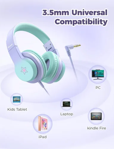 Miniatura 5 de iClever HS19S - Auriculares infantiles con micrófono, limitador de volumen seguro a 85 dBA, auriculares estéreo con orejeras para niños y niñas