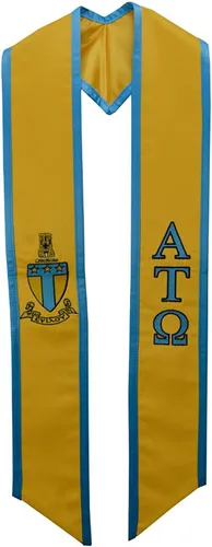 Alpha Tau Omega - Estola bordada de lujo de graduación amarilla y azul fabricada en Estados Unidos - Banda y estola de graduación unisex 100%