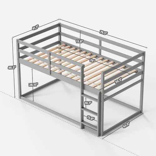 Miniatura 2 de TOLEAD Litera baja individual sobre individual, litera de suelo con escalera, litera individual con barandillas completas, litera de madera para Gris