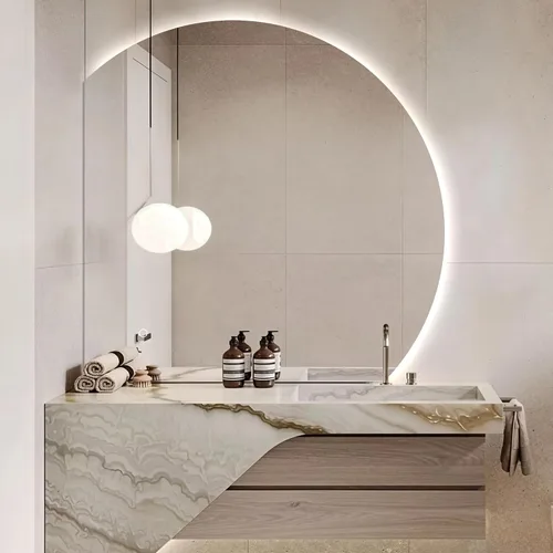 Espejo de baño LED de media luna de 32 pulgadas con luces, espejo de tocador iluminado irregular con 3 colores, espejo de pared retroiluminado