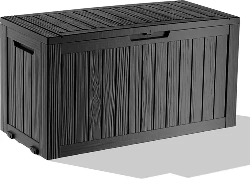 Miniatura 24 de Caja de almacenamiento para exteriores de 30 galones, impermeable, caja de resina para terraza, con cerradura, para muebles de patio, jardín