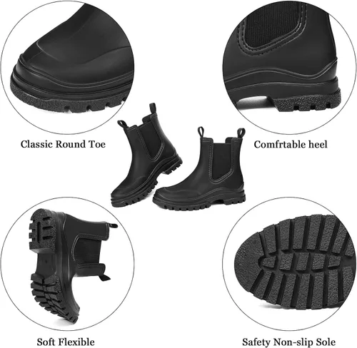 Miniatura 5 de DKSUKO Botas de lluvia cortas para mujer, botas de jardín impermeables de goma, botas elásticas sin cordones, botas Chelsea a la moda, zapatos