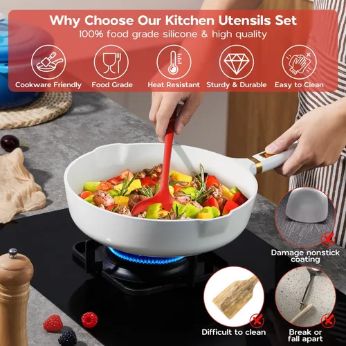 Miniatura 3 de Onader Juego de utensilios de cocina de silicona, juego de 6 utensilios de cocina rojos, resistente al calor, utensilios de cocina antiadherentes