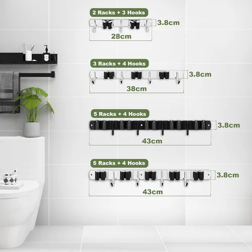 Miniatura 8 de Soporte de pared negro para fregona y escoba con 5 estantes y 4 ganchos, organizador de escobas, estantes de almacenamiento de herramientas de acero