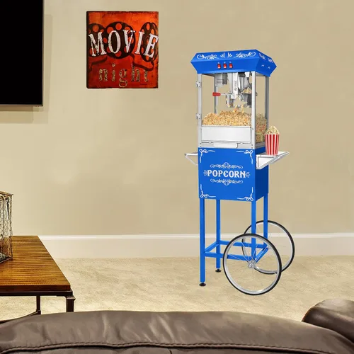 Miniatura 4 de Máquina de palomitas de maíz para base con carro, 8 onzas con hervidor de acero inoxidable, luz de calentamiento y accesorios (azul)