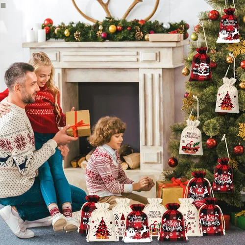Miniatura 6 de Huhumy 36 bolsas pequeñas de regalo de Navidad a granel con asas a cuadros para fiesta, mini bolsas de dulces, bolsas de joyería a cuadros negros