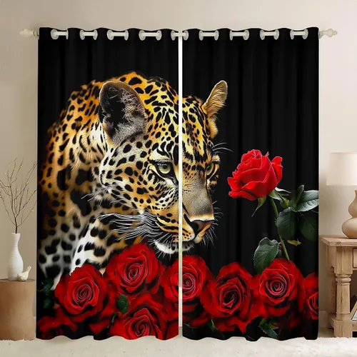 Miniatura 10 de Erosebridal Cortinas de Rosas Rojas 3D Tratamientos para Ventanas de Guepardo, Paneles de Cortinas con Estampado de Gato Leopardo para Sala