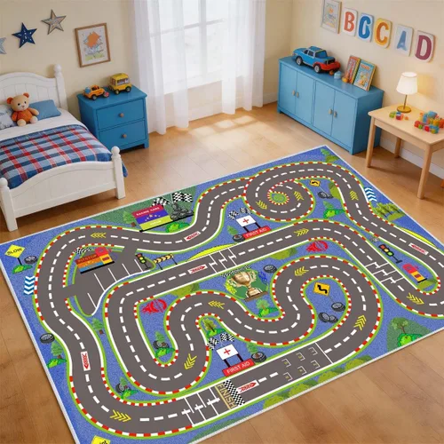 Miniatura 4 de Alfombra para Niños, Alfombras de Tapete de Juego de Pista de Carreras 47×31 pulgadas, Alfombra para Niños con Respaldo de Goma, Línea de Salida