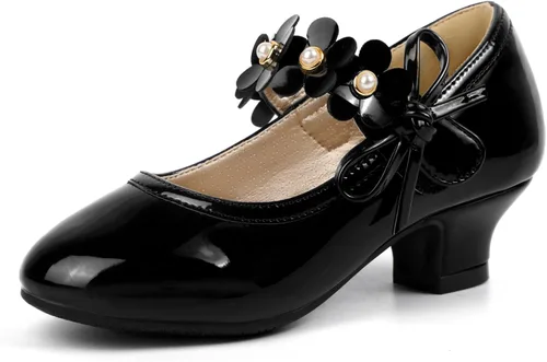 PANDANINJIA Zapatos de vestir para niñas, zapatos de tacón Mary Jane con flores, fiesta de boda, regreso a la escuela, zapatos de tacón para niños