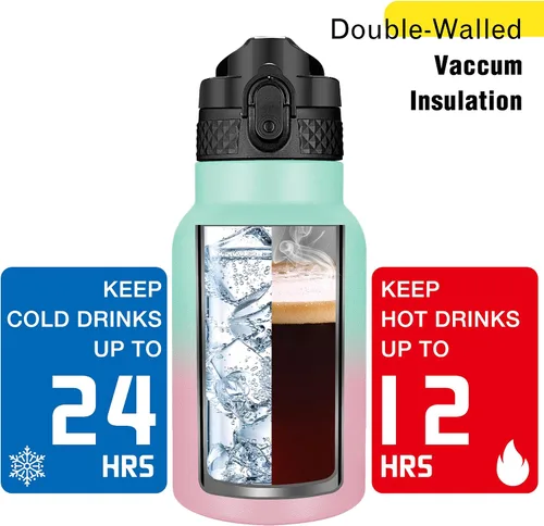 Miniatura 6 de Han's Bottle Botella de agua para niños con tapa con pajita - Vaso reutilizable de acero inoxidable aislado para niñas, niños, taza térmica, 12