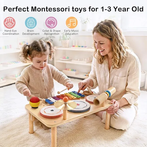Miniatura 5 de WINGYZ Juego de batería para bebé, instrumentos musicales de madera 9 en 1 para niños pequeños de 1 a 3 años, juguetes de música Montessori
