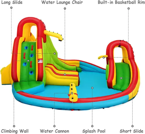 Miniatura 3 de KOTEK Tobogán acuático inflable, tobogán acuático 8 en 1 con 2 toboganes, 2 paredes de escalada, piscina y cañón de agua, toboganes acuáticos