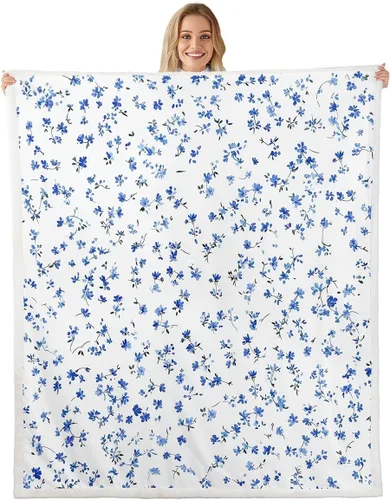 Miniatura 25 de Manfei Blue Flower Throw Blanket Watercolor Floral Print Fleece Blanket Botanical Wildflower Cozy Throws for Bed Couch Sofa,Kids Boys Girls Room