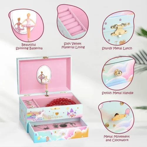 Miniatura 3 de Joyero para niñas, caja musical para niñas, organizador de joyas de bailarina para niña pequeña con collar de unicornio y pulsera, regalos