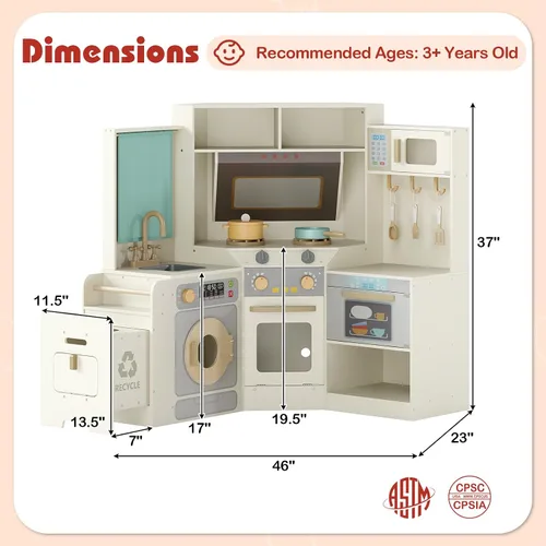 Miniatura 8 de Costzon Cocina de Juego de Esquina, Cocina Grande de Juego de Simulación con Luz y Sonido Reales, Cubo de Basura Extraíble, Estufas, Microondas