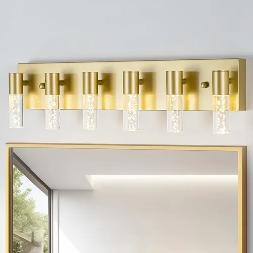 Miniatura 10 de Lámparas de tocador de baño sobre espejo con acabado dorado cepillado, 4 luces de tocador, apliques de pared para baño