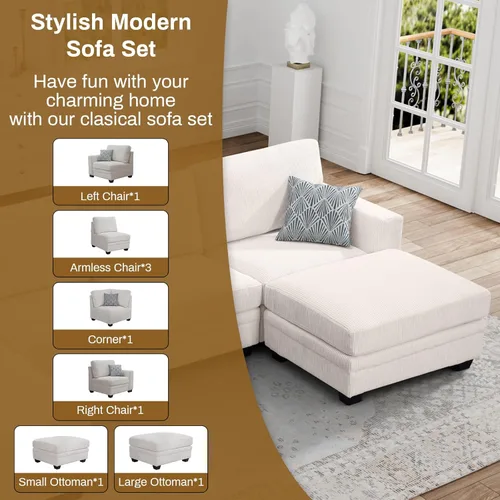 Miniatura 8 de Legend Vansen Sofá Seccional Modular de Gran Tamaño, Sofá en Forma de U de 8 Asientos con Otomana, Sofá de Pana con Asiento Profundo, Sofás Crema