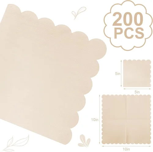Miniatura 2 de Fuutreo 200 servilletas de cóctel de 2 capas con bordes festoneados plegadas de 5 x 5 pulgadas, desechables para cenas, bodas, fiestas de Crema
