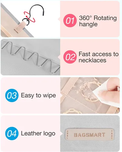 Miniatura 4 de BAGSMART Organizador de joyas colgante rollo de almacenamiento con ganchos de metal de doble cara para aretes, collares, anillos en el armario, Gris
