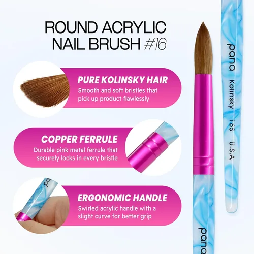 Miniatura 3 de PANA Pure Kolinsky Hair - Pincel para uñas acrílicas de pelo, forma redonda, virola rosa con mango azul con remolino blanco (tamaño 16)