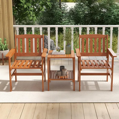 Miniatura 9 de Tangkula Juego de 3 piezas de conversación de patio, asiento de conversación de madera al aire libre con mesa y agujero para paraguas, juego de 3