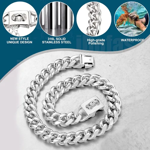 Miniatura 4 de Collar de cadena para perro, collar de eslabones cubanos diseño de hebilla con campana y placa para perro, acero inoxidable metal 10mm, collar