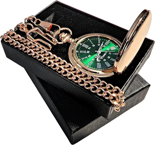 Miniatura 8 de 1 reloj de bolsillo grabado - Viene con caja personalizada, cadena y grabado. Esfera verde con números romanos plateados, regalos de boda Negro