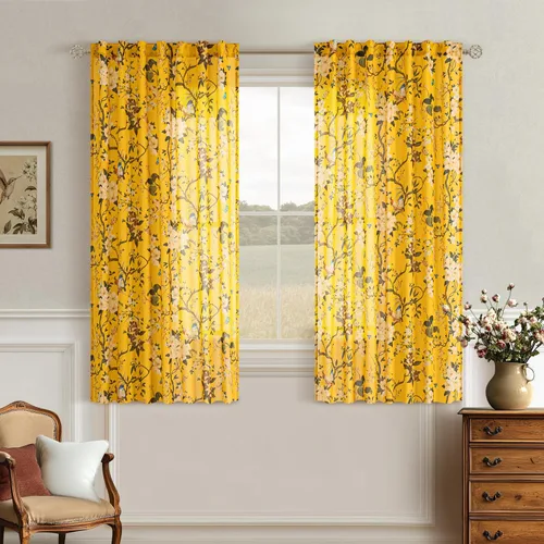 Miniatura 20 de Cortinas de lino florales azules y amarillas, estilo vintage, bohemio, de 63 pulgadas, 2 paneles con pestaña trasera para sala de estar