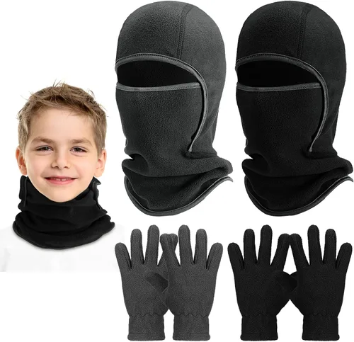 Miniatura 8 de Juego de 4 pasamontañas para niños, máscara de esquí y guantes de forro polar, gorro de invierno, máscara facial cálida para niños y niñas de 8 a 12