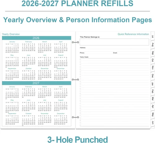 Miniatura 4 de Recambio de planificador 2026-2027, una página por día, 3 agujeros diarios y mensuales, julio 2026 a junio 2027, 8.5 x 11 pulgadas